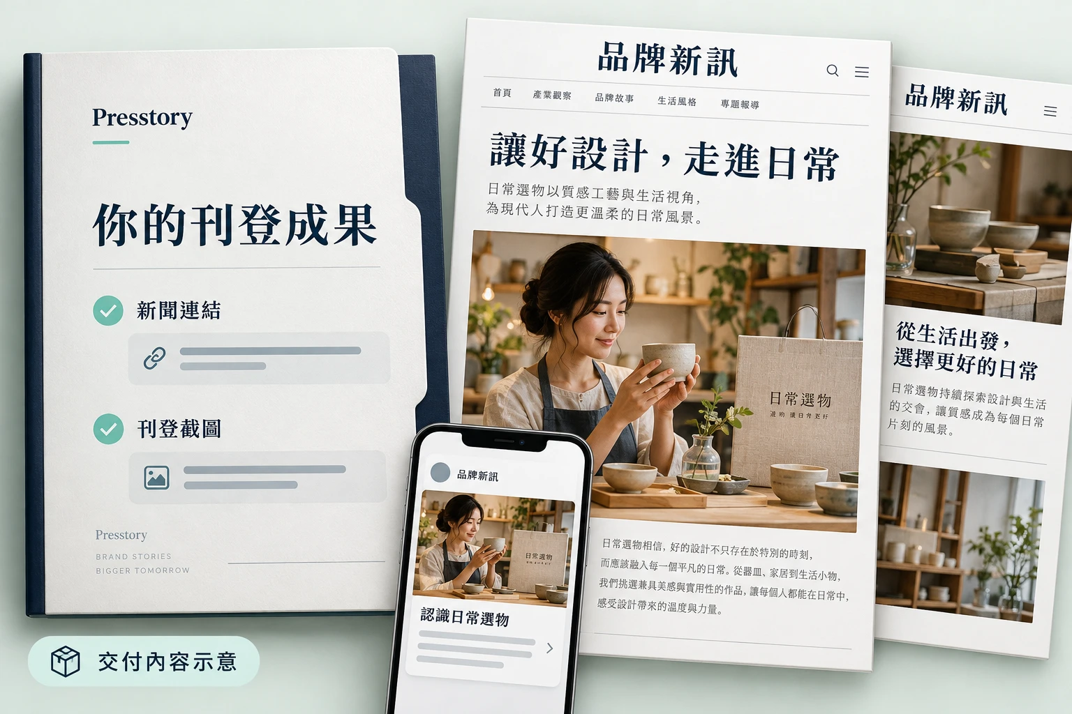 新聞連結、刊登截圖與品牌新聞頁面,組成可直接分享的刊登成果示意